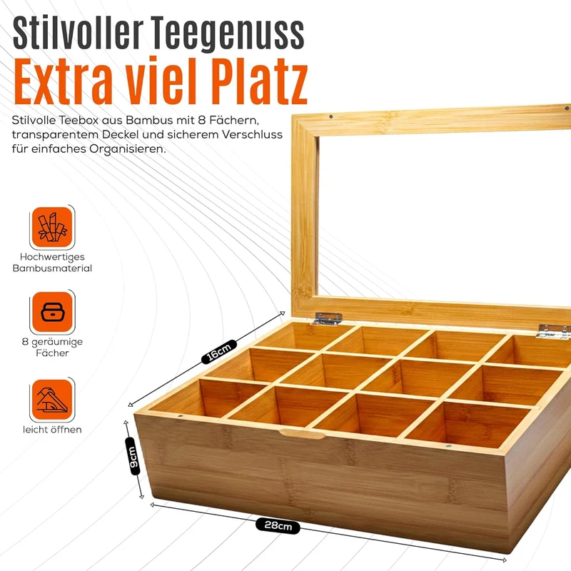 AH® Teebox aus Bambus mit 12 Fächern – Teekiste zur Teebeutel Aufbewahrung mit Sichtfenster & Magnet