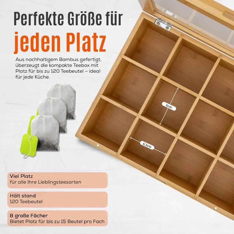 AH® Teebox aus Bambus mit 12 Fächern – Teekiste zur Teebeutel Aufbewahrung mit Sichtfenster & Magnet
