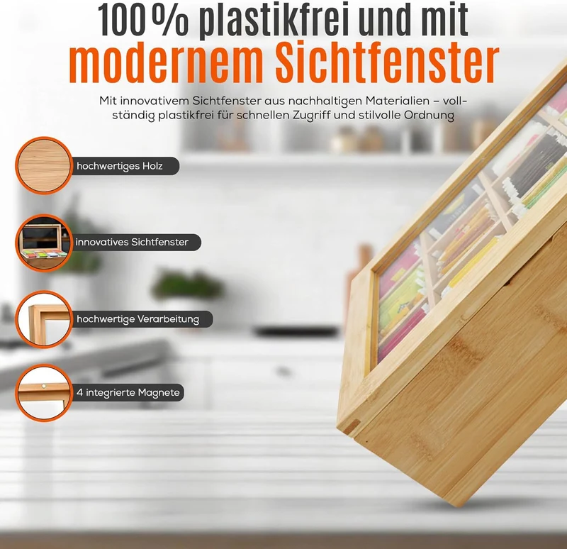 AH® Teebox aus Bambus mit 12 Fächern – Teekiste zur Teebeutel Aufbewahrung mit Sichtfenster & Magnet