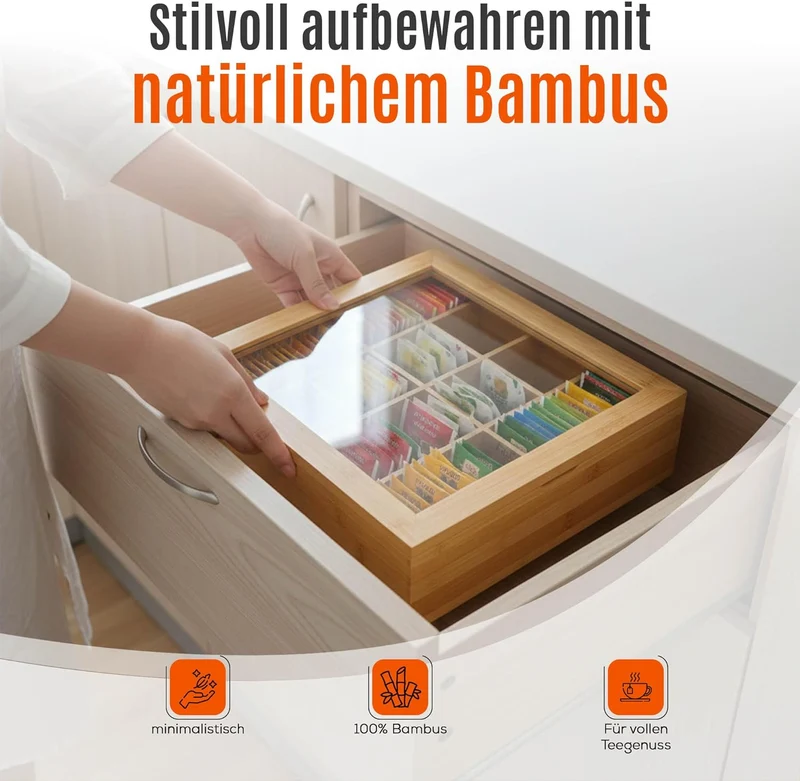 AH® Teebox aus Bambus mit 12 Fächern – Teekiste zur Teebeutel Aufbewahrung mit Sichtfenster & Magnet