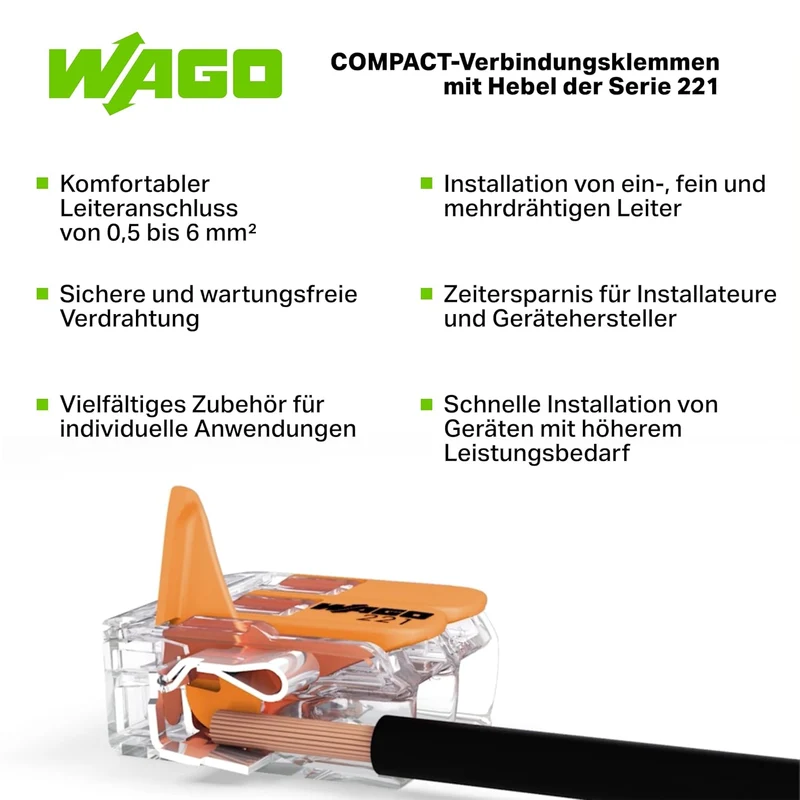 WAGO® Klemme, 3-Leiter, 6 mm², Ex, Verbindungsklemme mit Hebel, 221-683 (30 Stück)