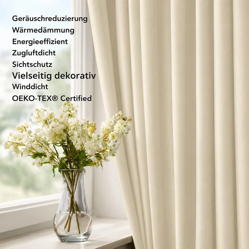 Deconovo Gardinen Blickdicht mit Ösen Thermovorhang Wohnzimmer Cremeweiss H245 x B200 cm (2er Pack)