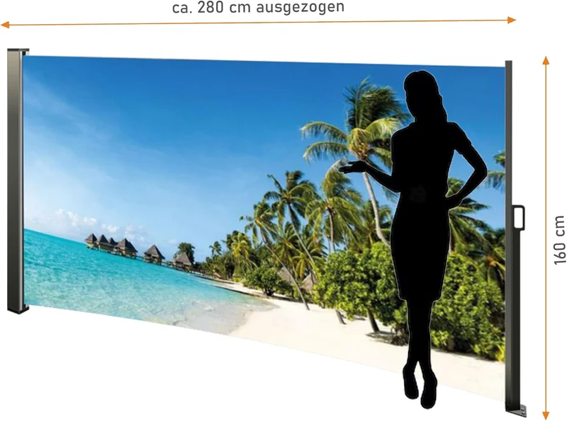 Seitenmarkise mit Fotodruck SÜDSEE, Sichtschutz, Windschutz Auszug rechts, Auszug rechts