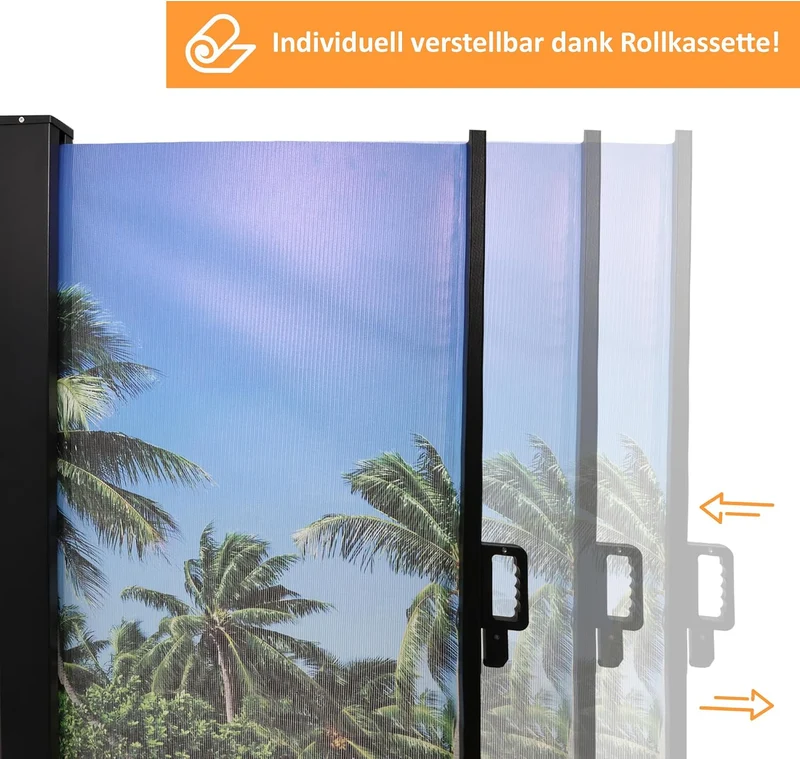 Seitenmarkise mit Fotodruck SÜDSEE, Sichtschutz, Windschutz Auszug rechts, Auszug rechts
