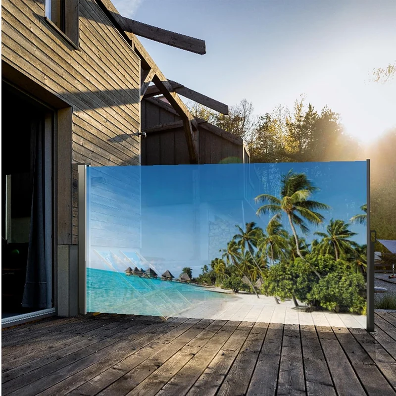 Seitenmarkise mit Fotodruck SÜDSEE, Sichtschutz, Windschutz Auszug rechts, Auszug rechts