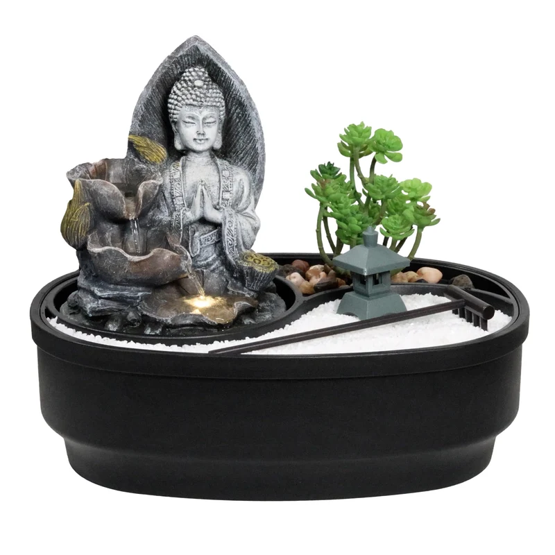 LEMODO Zimmerbrunnen mit LED-Beleuchtung, Tischbrunnen mit Buddha Motiv “Namaste”, dekorativer Zierb