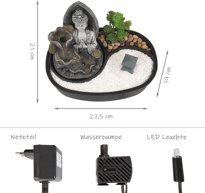 LEMODO Zimmerbrunnen mit LED-Beleuchtung, Tischbrunnen mit Buddha Motiv “Namaste”, dekorativer Zierb