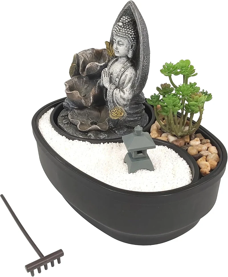 LEMODO Zimmerbrunnen mit LED-Beleuchtung, Tischbrunnen mit Buddha Motiv “Namaste”, dekorativer Zierb