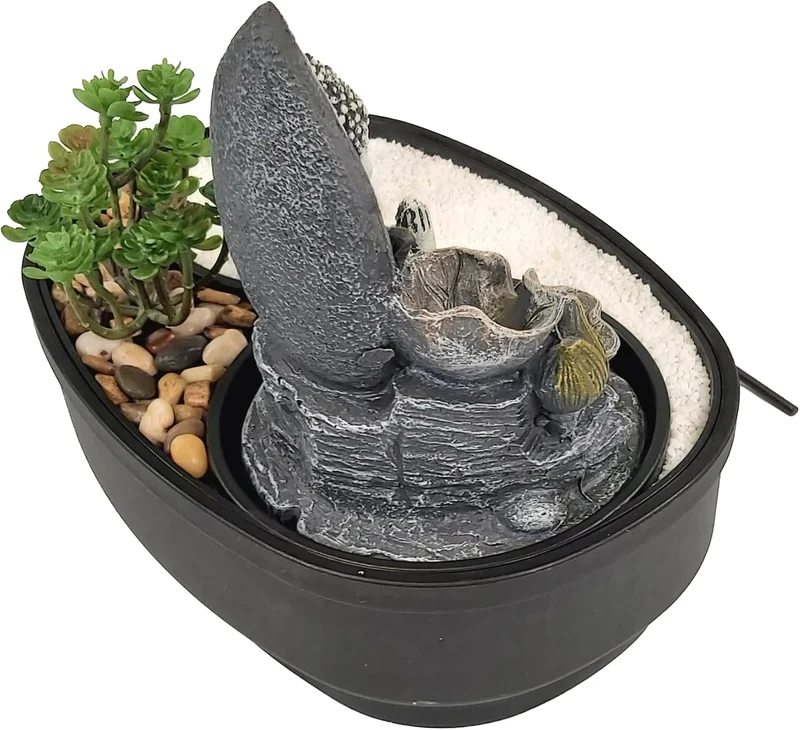 LEMODO Zimmerbrunnen mit LED-Beleuchtung, Tischbrunnen mit Buddha Motiv “Namaste”, dekorativer Zierb