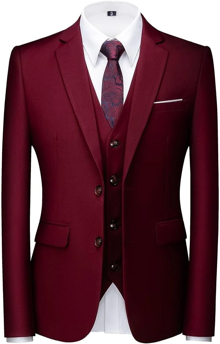 KUDORO Herren Anzüge 3-Teilig Slim Fit Zwei Knöpfe Formell Sakko Weste Hose S Weinrot1, S Weinrot1