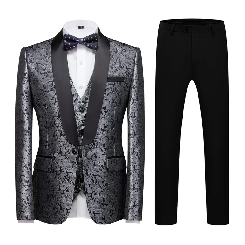 KUDORO Herren Anzüge Slim Fit 3-Teilig Paisley EIN Knöpfe Sakko Weste Hose S Silber1, S Silber1