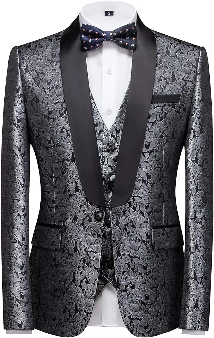 KUDORO Herren Anzüge Slim Fit 3-Teilig Paisley EIN Knöpfe Sakko Weste Hose S Silber1, S Silber1