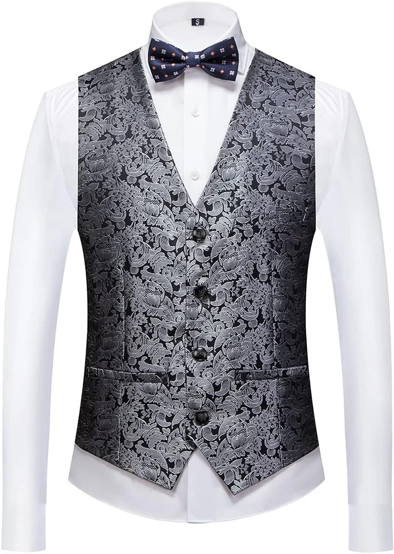 KUDORO Herren Anzüge Slim Fit 3-Teilig Paisley EIN Knöpfe Sakko Weste Hose S Silber1, S Silber1