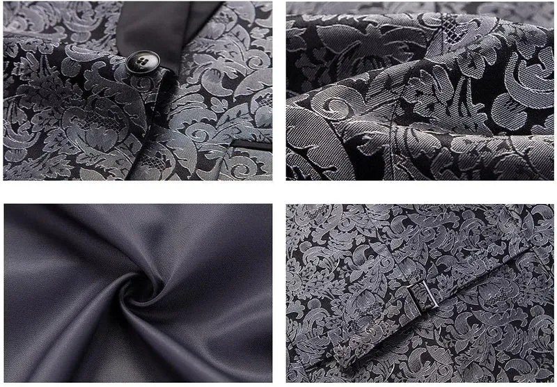 KUDORO Herren Anzüge Slim Fit 3-Teilig Paisley EIN Knöpfe Sakko Weste Hose S Silber1, S Silber1