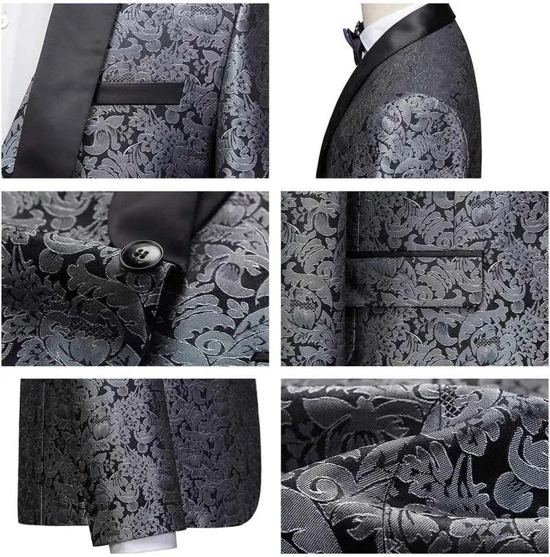 KUDORO Herren Anzüge Slim Fit 3-Teilig Paisley EIN Knöpfe Sakko Weste Hose S Silber1, S Silber1