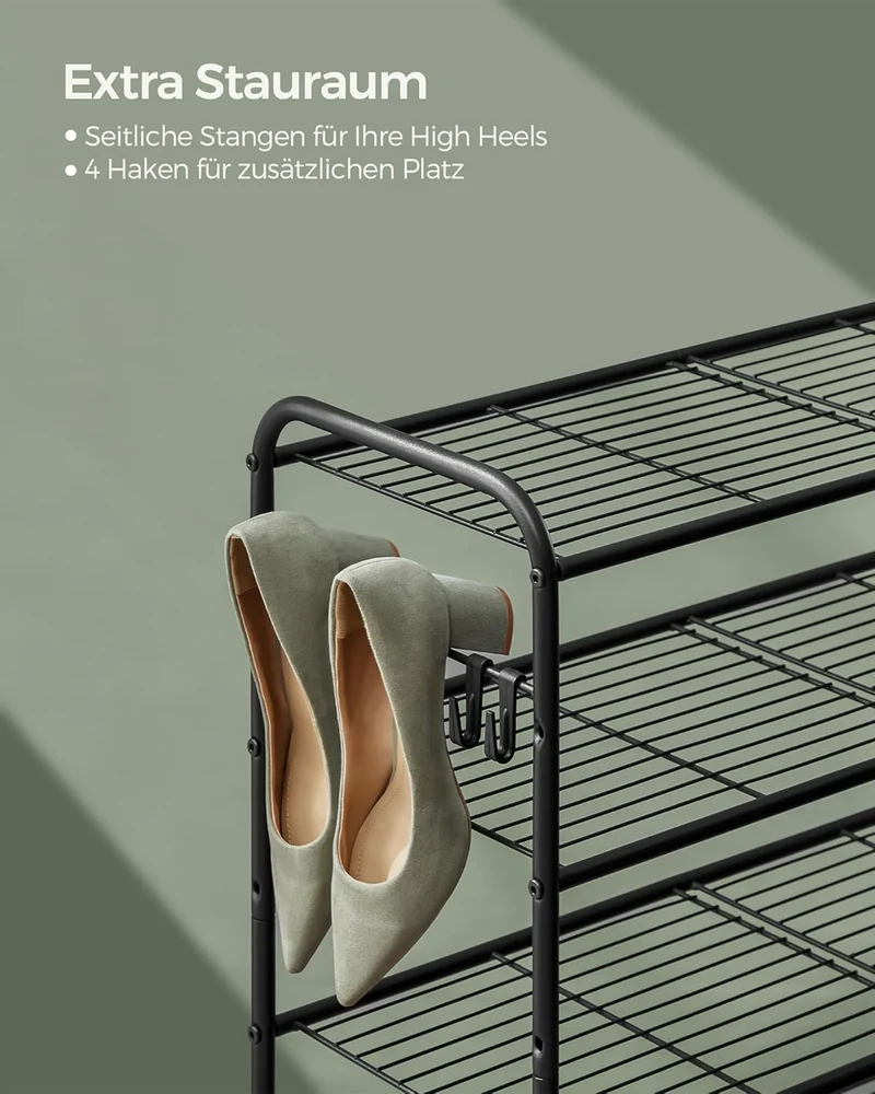 SONGMICS Schuhregal, Schuhständer mit 4 Ebenen, Metallregal mit 4 seitlichen Haken, für 16 Paar Schu