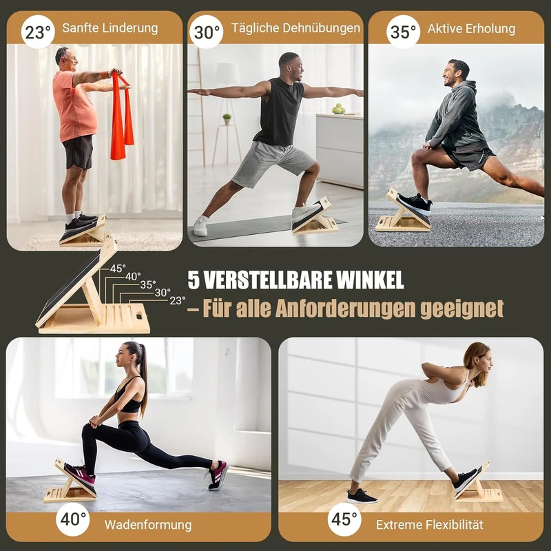 Wadendehner Schrägbrett aus Holz, 5 Winkeln Slant Stretch Board mit Trainingsposter und 2 Widerstand