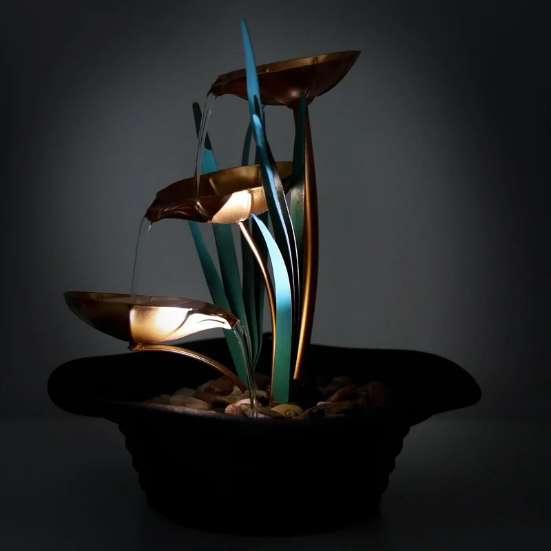 Lemodo Zimmerbrunnen LED Tischbrunnen mit Naturwasserfall, Dekobrunnen mit Metallblätter, Indoor Bru