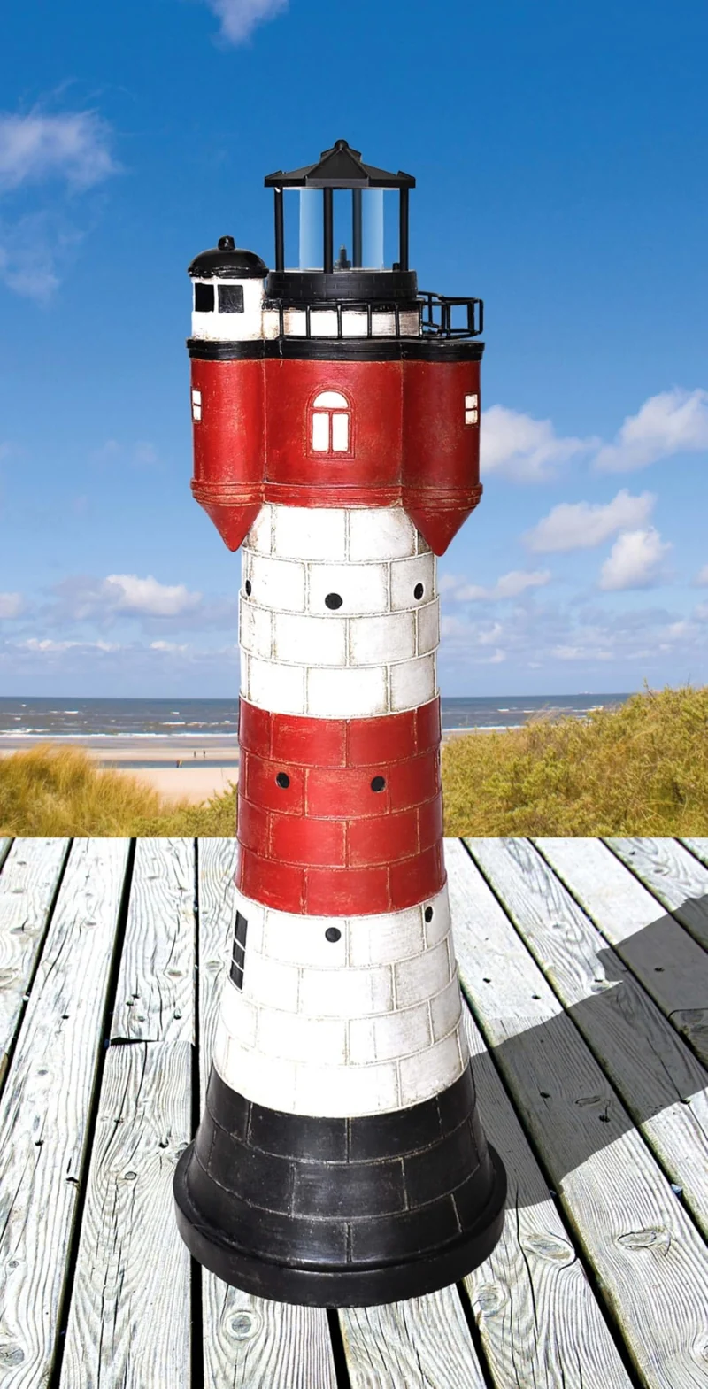 Solar Leuchtturm Roter Sand aus Polyresin Kunstharz mit Einer weissen LED