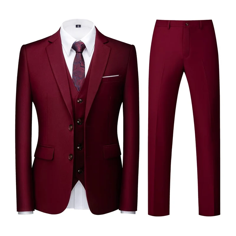 KUDORO Herren Anzüge 3-Teilig Slim Fit Zwei Knöpfe Formell Sakko Weste Hose XXL Weinrot1, XXL Weinro