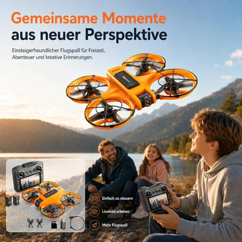 RC Drohne mit HD Dual Kamera, Display Fernbedienung, Brushless Motor, 90° Kamera, FPV Livebild, Opti