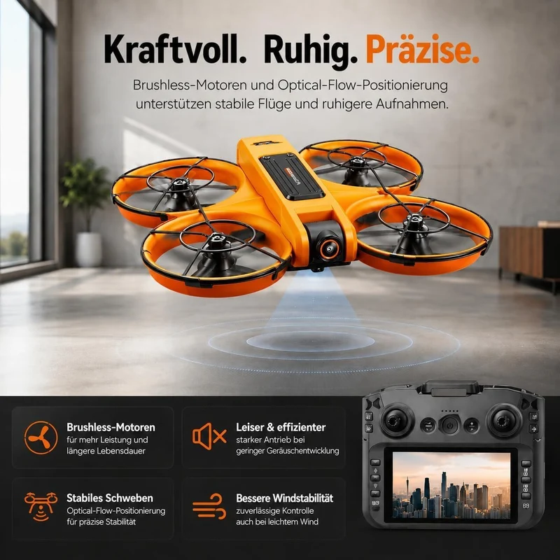RC Drohne mit HD Dual Kamera, Display Fernbedienung, Brushless Motor, 90° Kamera, FPV Livebild, Opti