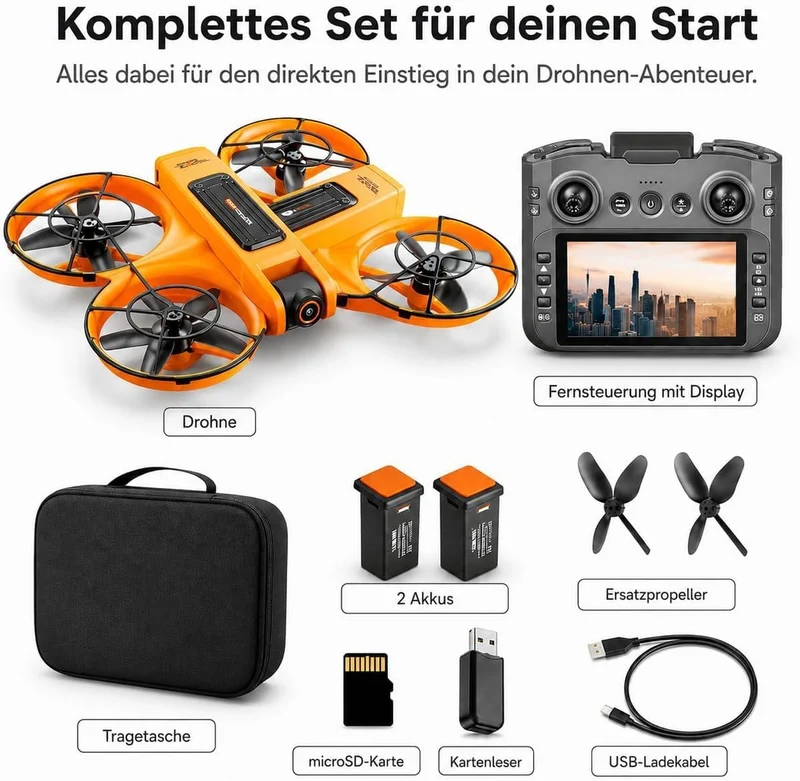 RC Drohne mit HD Dual Kamera, Display Fernbedienung, Brushless Motor, 90° Kamera, FPV Livebild, Opti