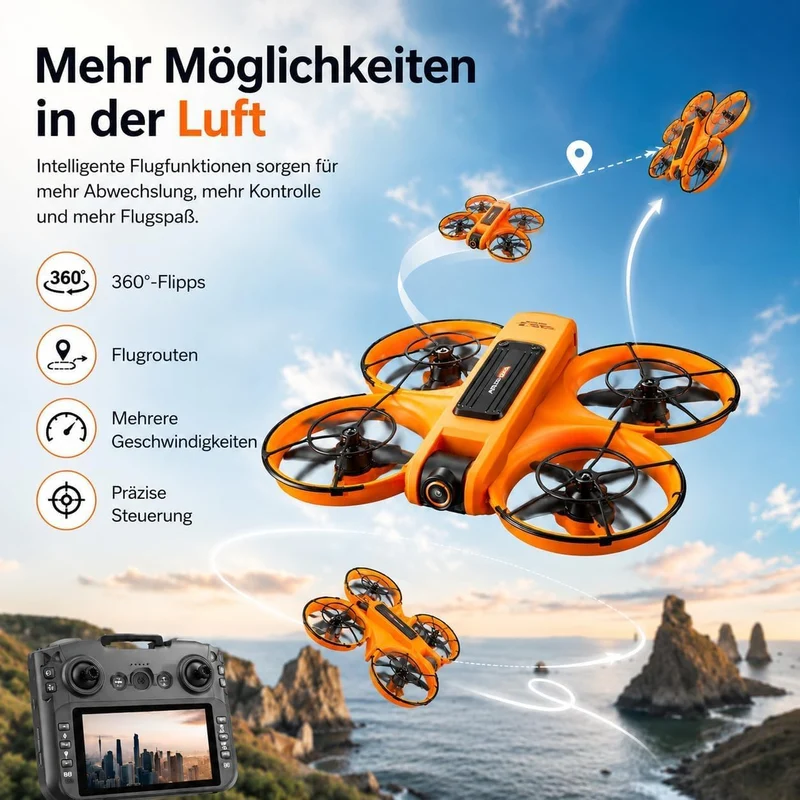 RC Drohne mit HD Dual Kamera, Display Fernbedienung, Brushless Motor, 90° Kamera, FPV Livebild, Opti