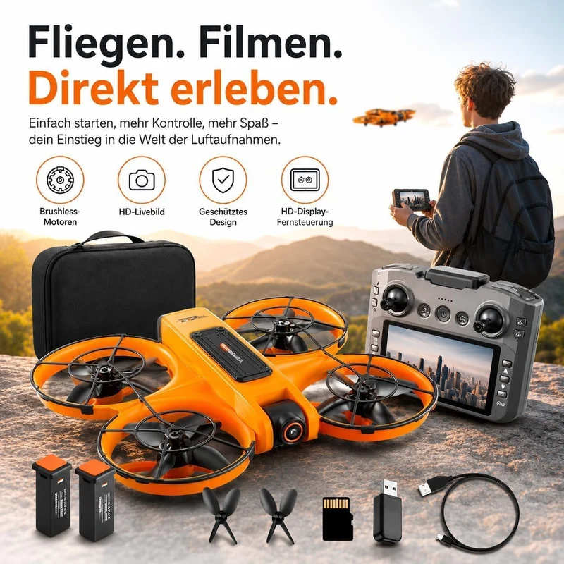 RC Drohne mit HD Dual Kamera, Display Fernbedienung, Brushless Motor, 90° Kamera, FPV Livebild, Opti