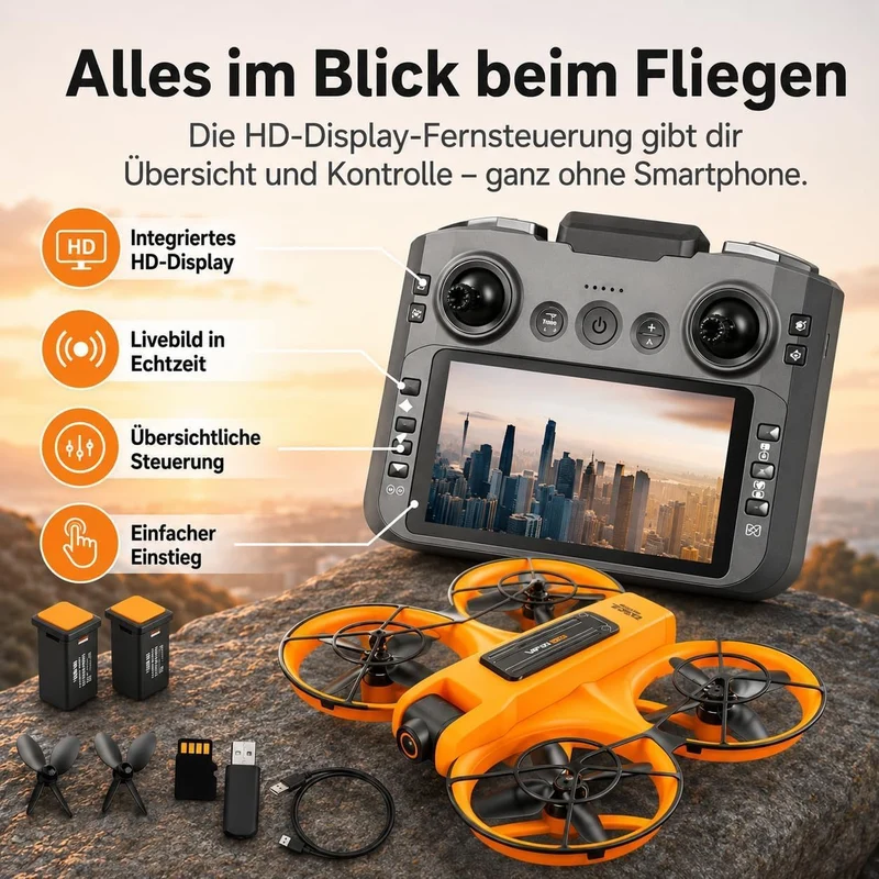 RC Drohne mit HD Dual Kamera, Display Fernbedienung, Brushless Motor, 90° Kamera, FPV Livebild, Opti