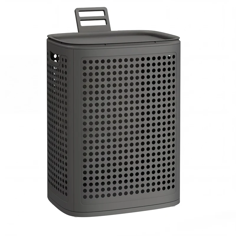 SONGMICS Wäschekorb mit Deckel, Wäschesammler Plastik, 75 L, Wäschetonne schmal, Wäschebox platzspar