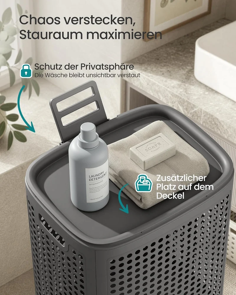 SONGMICS Wäschekorb mit Deckel, Wäschesammler Plastik, 75 L, Wäschetonne schmal, Wäschebox platzspar