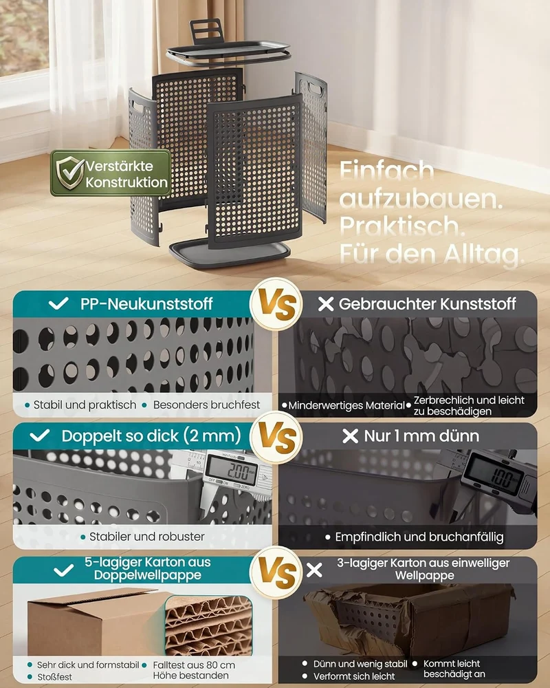SONGMICS Wäschekorb mit Deckel, Wäschesammler Plastik, 75 L, Wäschetonne schmal, Wäschebox platzspar