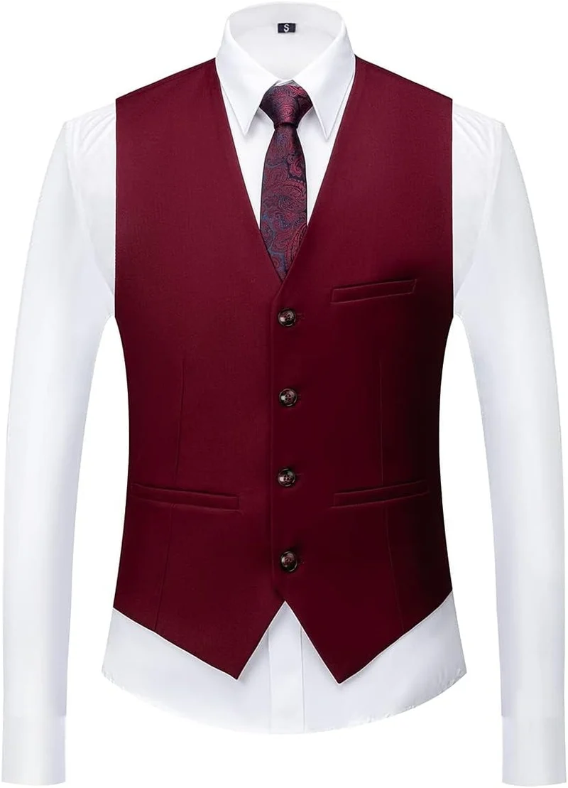 KUDORO Herren Anzüge 3-Teilig Slim Fit Zwei Knöpfe Formell Sakko Weste Hose M Weinrot1, M Weinrot1
