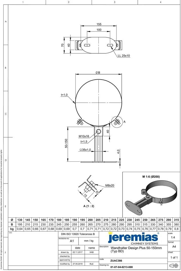 Jeremias DW-FU Wandhalter Design Plus Ø180mm verstellbar 50-250mm doppelwandiges Edelstahl-Abgassyst