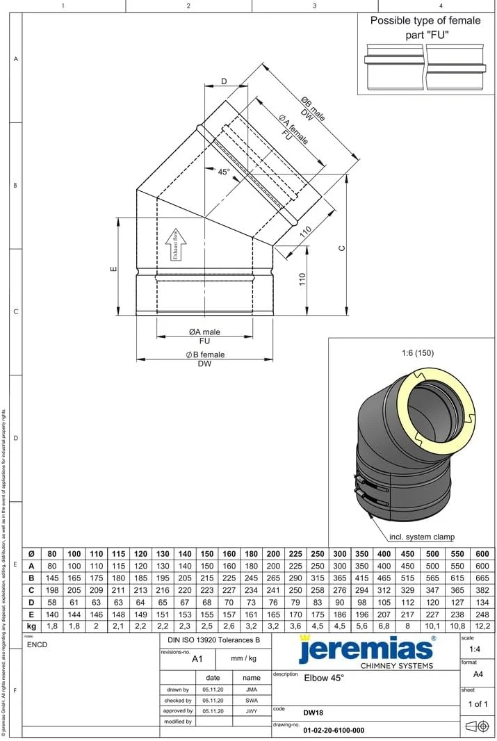 Jeremias DW-FU Edelstahl Abgas Winkel 45 Grad 200mm Doppelwandig CE Zertifiziert 200 mm Silber, 200