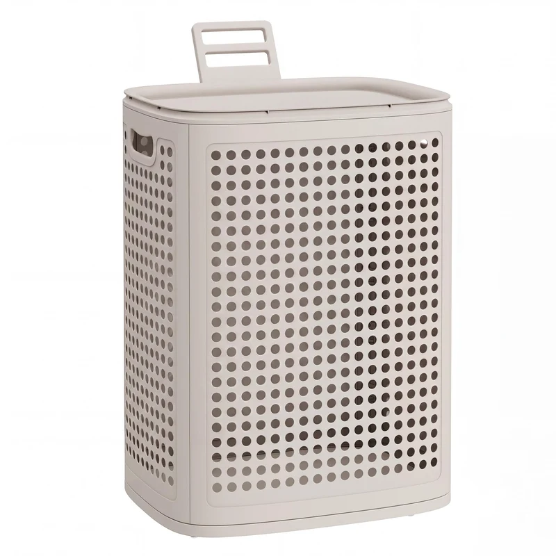 SONGMICS Wäschekorb mit Deckel, Wäschesammler Plastik, 75 L, Wäschetonne schmal, Wäschebox platzspar