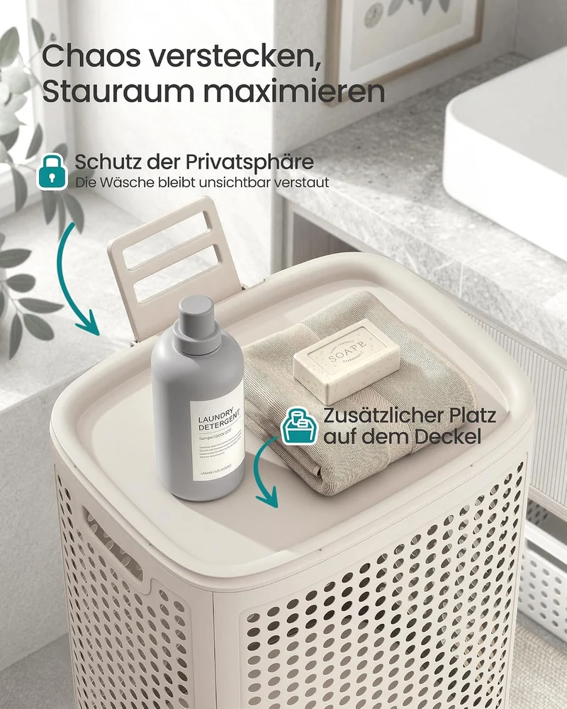 SONGMICS Wäschekorb mit Deckel, Wäschesammler Plastik, 75 L, Wäschetonne schmal, Wäschebox platzspar