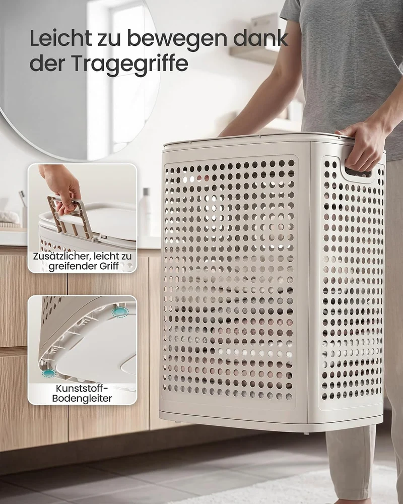 SONGMICS Wäschekorb mit Deckel, Wäschesammler Plastik, 75 L, Wäschetonne schmal, Wäschebox platzspar