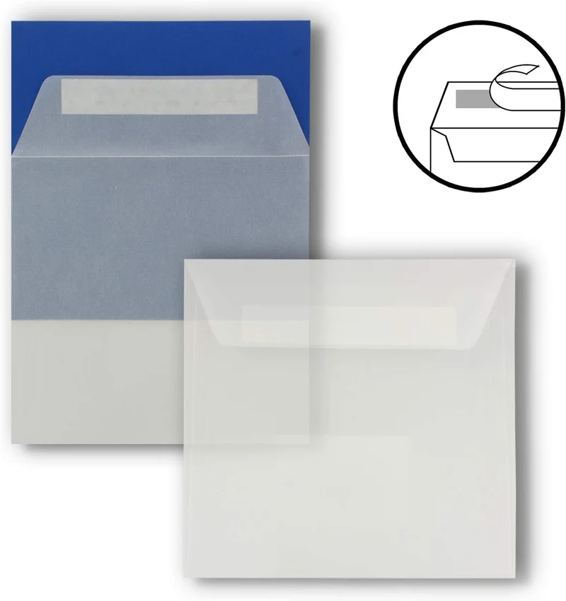 200x Quadratische Brief-Umschläge ohne Fenster in Transparent Weiss - 15,5 x 15,5 cm - Haftklebung -