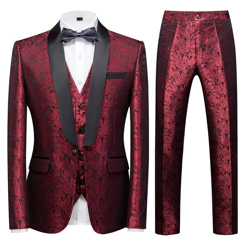 KUDORO Herren Anzüge 3-Teilig Slim Fit Paisley EIN Knöpfe Sakko Weste Hose 3XL Rot1, 3XL Rot1