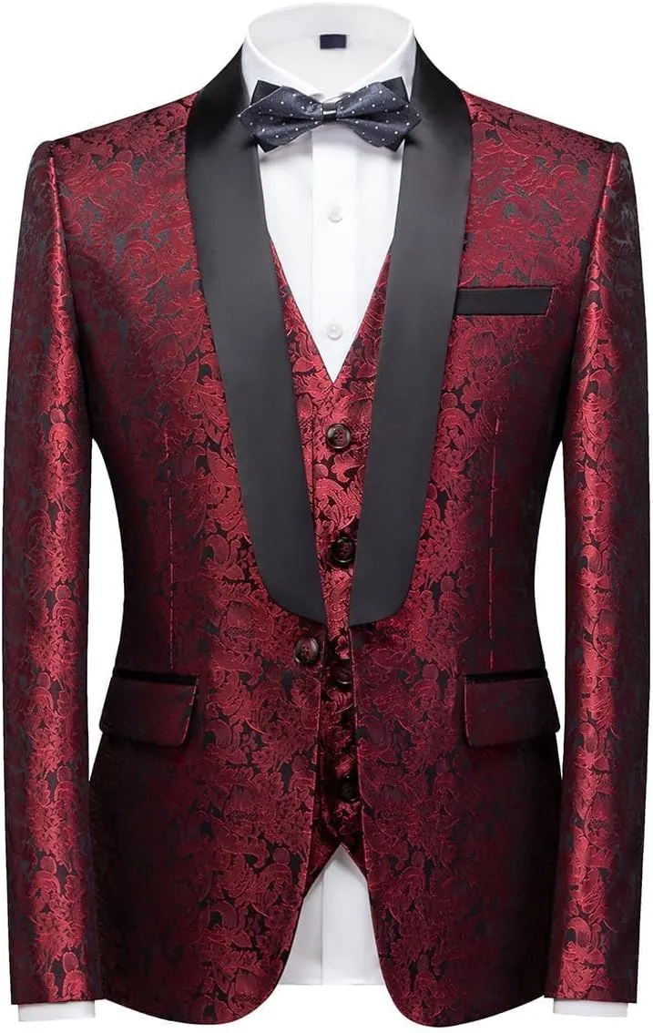 KUDORO Herren Anzüge 3-Teilig Slim Fit Paisley EIN Knöpfe Sakko Weste Hose 3XL Rot1, 3XL Rot1