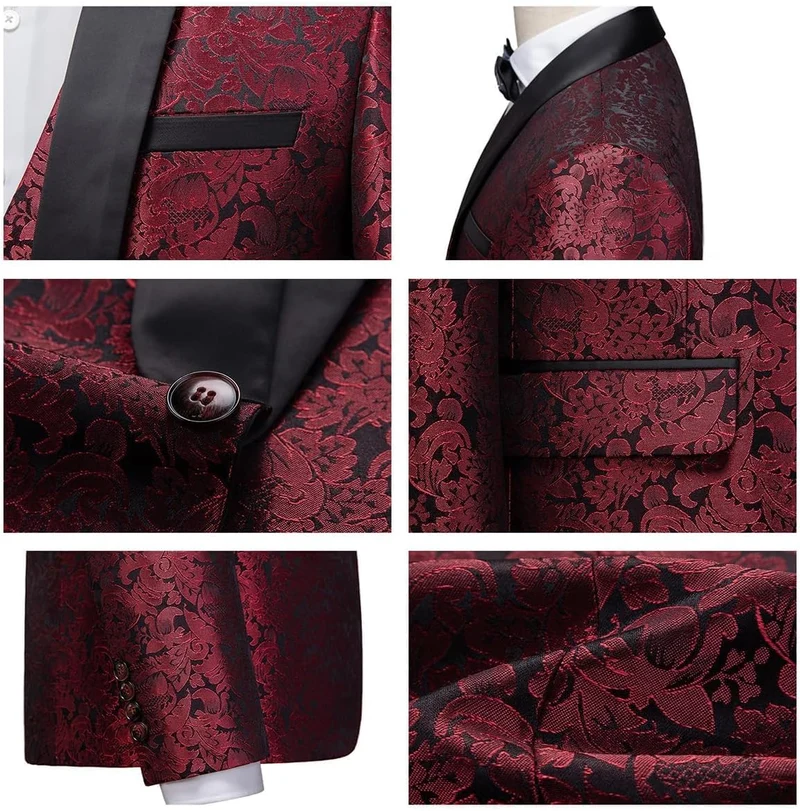 KUDORO Herren Anzüge 3-Teilig Slim Fit Paisley EIN Knöpfe Sakko Weste Hose 3XL Rot1, 3XL Rot1