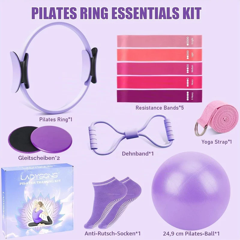 Pilates Ring Set - Pilates Essential Kit mit 12,6''/32 cm Magic Circle, Pilates Ball, Pilates Bänder