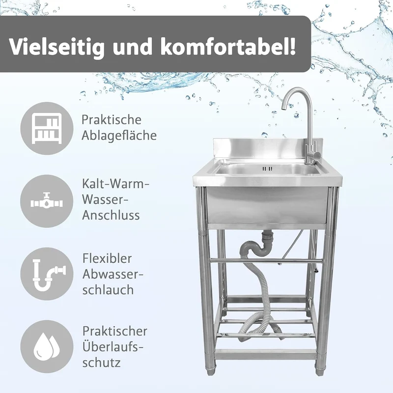 Lemodo Spültisch freistehend – Edelstahl Spültisch mit tiefem Becken & Ablage, Kalt- und Warmwassera