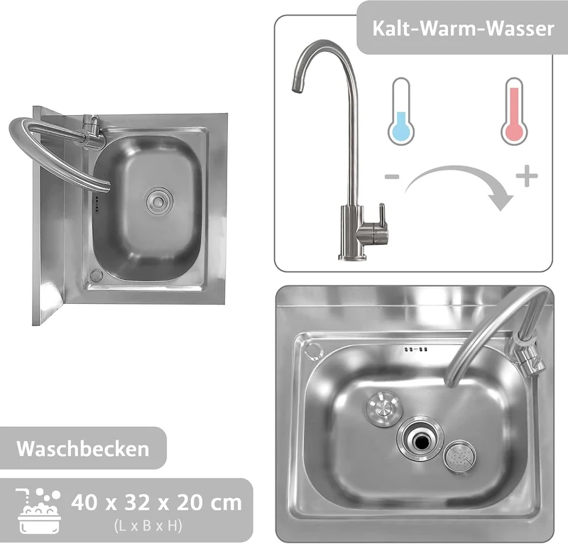 Lemodo Spültisch freistehend – Edelstahl Spültisch mit tiefem Becken & Ablage, Kalt- und Warmwassera