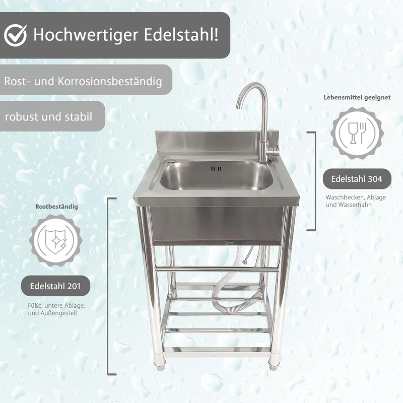 Lemodo Spültisch freistehend – Edelstahl Spültisch mit tiefem Becken & Ablage, Kalt- und Warmwassera