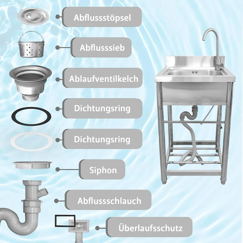 Lemodo Spültisch freistehend – Edelstahl Spültisch mit tiefem Becken & Ablage, Kalt- und Warmwassera