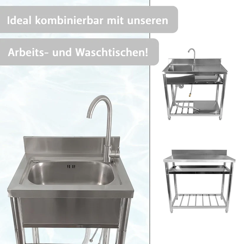 Lemodo Spültisch freistehend – Edelstahl Spültisch mit tiefem Becken & Ablage, Kalt- und Warmwassera