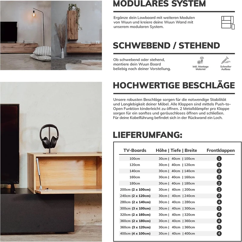 Wuun® TV-Lowboard Somero I 100cm bis 360cm I TV-Schrank & Hängeschrank für Wohnzimmer I Verschiedene